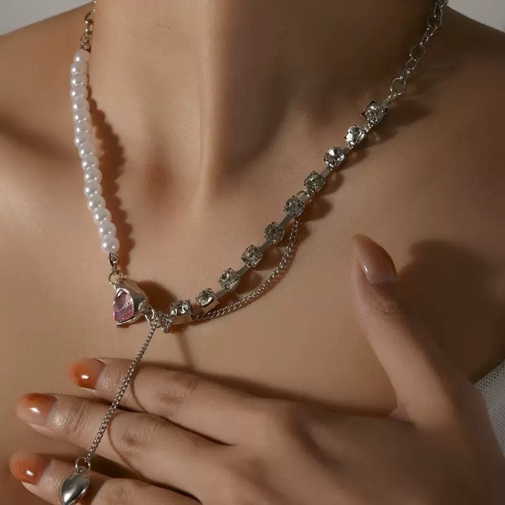 Mixed Pearl, Crystal & Pink Heart Layered Necklace